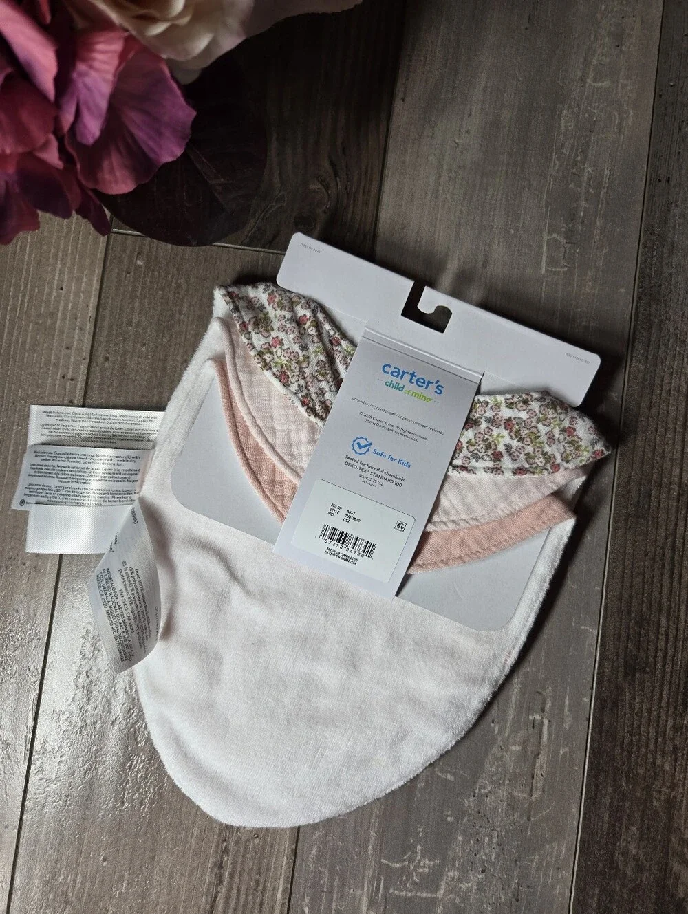 NWT Carter's Baby Girls 3‑Pack Pink Floral & Solid Bandana Bibs ONE SIZE